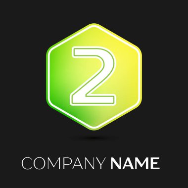 Gerçekçi iki numaralı vektör logo simge renkli siyah arka plan üzerine altıgen. Tasarımınız için vektör şablonu