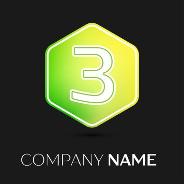 Gerçekçi üç numaralı vektör logo simge renkli siyah arka plan üzerine altıgen. Tasarımınız için vektör şablonu