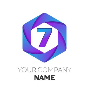 Gerçekçi yedi numaralı vektör logo simge renkli beyaz zemin üzerine altıgen. Tasarımınız için vektör şablonu