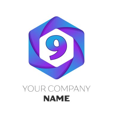 Gerçekçi dokuz numaralı vektör logo simge renkli beyaz zemin üzerine altıgen. Tasarımınız için vektör şablonu