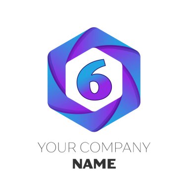 Gerçekçi altı numaralı vektör logo simge renkli beyaz zemin üzerine altıgen. Tasarımınız için vektör şablonu