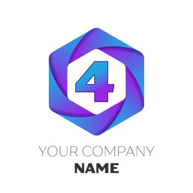 Gerçekçi dört numaralı vektör logo simge renkli beyaz zemin üzerine altıgen. Tasarımınız için vektör şablonu