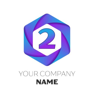 Gerçekçi iki numaralı vektör logo simge renkli beyaz zemin üzerine altıgen. Tasarımınız için vektör şablonu