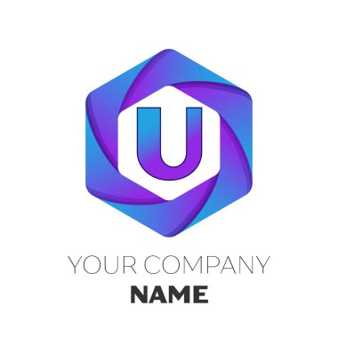 Gerçekçi harf U vektör logo simge renkli beyaz zemin üzerine altıgen. Tasarımınız için vektör şablonu