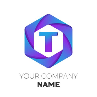 Gerçekçi mektup T vektör logo simge renkli beyaz zemin üzerine altıgen. Tasarımınız için vektör şablonu