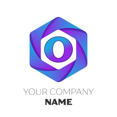 Gerçekçi harf O vektör logo simge renkli beyaz zemin üzerine altıgen. Tasarımınız için vektör şablonu
