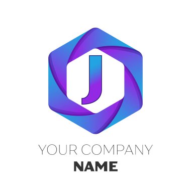 Gerçekçi harf J vektör logo simge renkli beyaz zemin üzerine altıgen. Tasarımınız için vektör şablonu