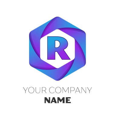 Gerçekçi harf R vektör logo simge renkli beyaz zemin üzerine altıgen. Tasarımınız için vektör şablonu