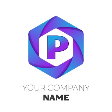 Gerçekçi harf P vektör logo simge renkli beyaz zemin üzerine altıgen. Tasarımınız için vektör şablonu
