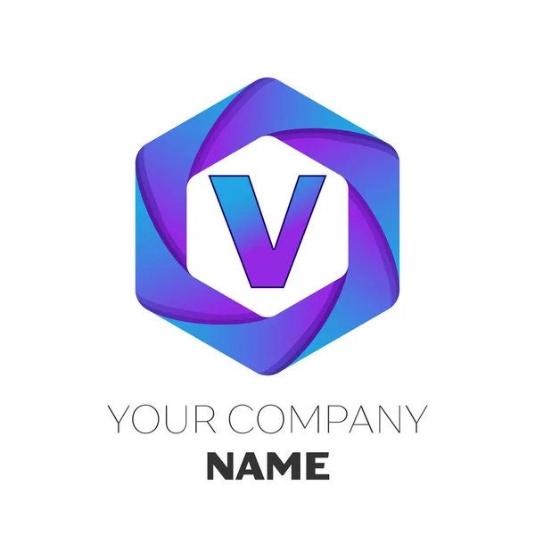 Realistic Letter V vector logo symbol in the colorful hexagonal on white background. Vector template for your design — Stock Vector