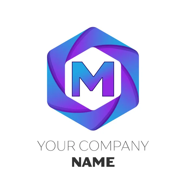Realistic Letter M vector logo symbol in the colorful hexagonal on white background. Vector template for your design — Stock Vector