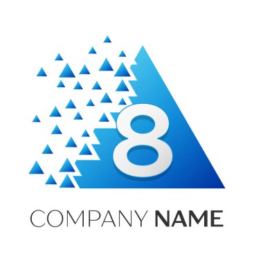 Gerçekçi sayısı sekiz vektör logo simge ile parçalanmış bloklar beyaz arka plan üzerinde renkli üçgen. Piksel hareket. Tasarımınız için vektör şablonu