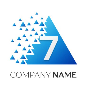 Gerçekçi numara yedi vektör logo simge ile parçalanmış bloklar beyaz arka plan üzerinde renkli üçgen. Piksel hareket. Tasarımınız için vektör şablonu