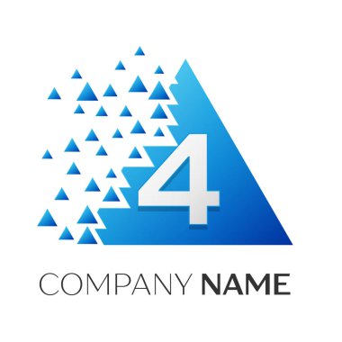 Gerçekçi dördüncü vektör logo simge ile parçalanmış bloklar beyaz arka plan üzerinde renkli üçgen. Piksel hareket. Tasarımınız için vektör şablonu