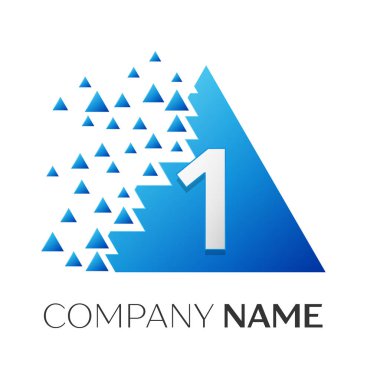 Gerçekçi bir numaralı vektör logo simge ile parçalanmış bloklar beyaz arka plan üzerinde renkli üçgen. Piksel hareket. Tasarımınız için vektör şablonu