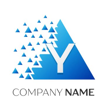 Gerçekçi harf Y vektör logo simge ile parçalanmış bloklar beyaz arka plan üzerinde renkli üçgen. Tasarımınız için vektör şablonu