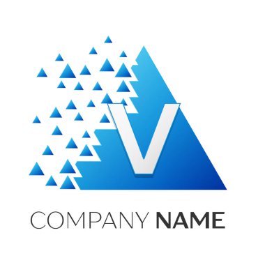 Gerçekçi harf V vektör logo simge ile parçalanmış bloklar beyaz arka plan üzerinde renkli üçgen. Tasarımınız için vektör şablonu