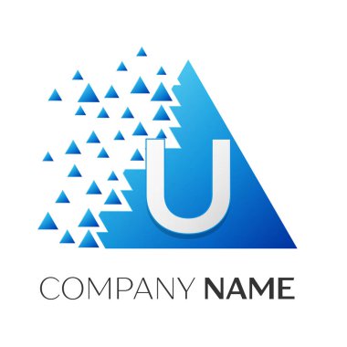 Gerçekçi harf U vektör logo simge ile parçalanmış bloklar beyaz arka plan üzerinde renkli üçgen. Tasarımınız için vektör şablonu