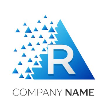 Gerçekçi harf R vektör logo simge ile parçalanmış bloklar beyaz arka plan üzerinde renkli üçgen. Tasarımınız için vektör şablonu