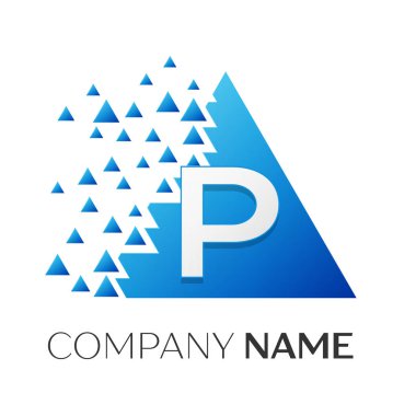 Gerçekçi P harfi ile parçalanmış bloklar beyaz arka plan üzerinde renkli üçgen logo simge vektör. Tasarımınız için vektör şablonu