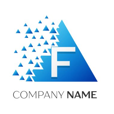 Gerçekçi harf F vektör logo simge ile parçalanmış bloklar beyaz arka plan üzerinde renkli üçgen. Tasarımınız için vektör şablonu