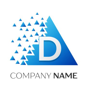 Gerçekçi harf D vektör logo simge ile parçalanmış bloklar beyaz arka plan üzerinde renkli üçgen. Tasarımınız için vektör şablonu