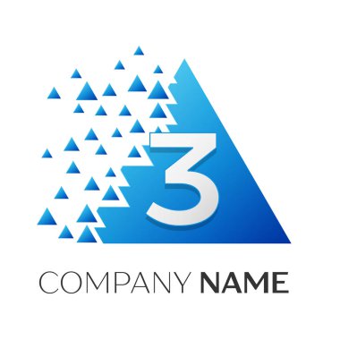 Gerçekçi üç numaralı vektör logo simge ile parçalanmış bloklar beyaz arka plan üzerinde renkli üçgen. Piksel hareket. Tasarımınız için vektör şablonu