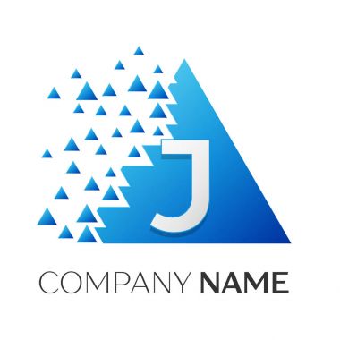 Gerçekçi harf J vektör logo simge ile parçalanmış bloklar beyaz arka plan üzerinde renkli üçgen. Tasarımınız için vektör şablonu