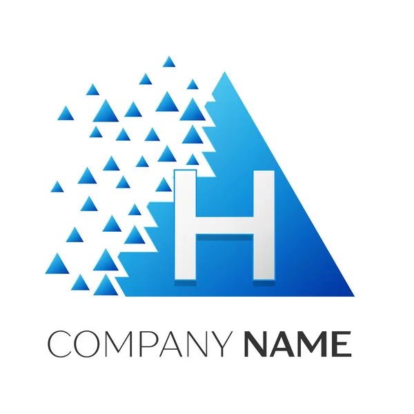 Realistic letter H vector logo symbol in the colorful triangle with shattered blocks on white background. Vector template for your design — Stock Vector