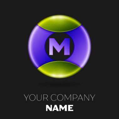 Gerçekçi harf M vektör logo sembol siyah arka plan üzerinde renkli daire içinde. Tasarımınız için vektör şablonu