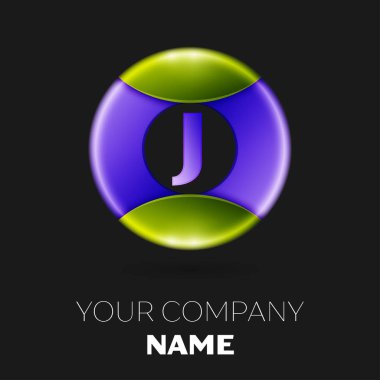 Gerçekçi harf J vektör logo sembol siyah arka plan üzerinde renkli daire içinde. Tasarımınız için vektör şablonu