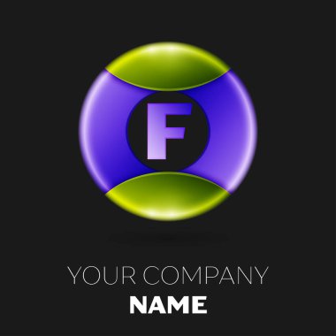 Gerçekçi harf F vektör logo sembol siyah arka plan üzerinde renkli daire içinde. Tasarımınız için vektör şablonu