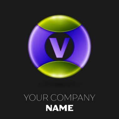 Gerçekçi harf V vektör logo sembol siyah arka plan üzerinde renkli daire içinde. Tasarımınız için vektör şablonu