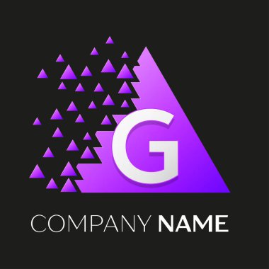Gerçekçi harf G vektör logo sembol siyah arka plan üzerine parçalanmış bloklarla renkli üçgen içinde. Tasarımınız için vektör şablonu