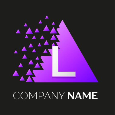 Gerçekçi harf L vektör logo sembol siyah arka plan üzerine parçalanmış bloklarla renkli üçgen içinde. Tasarımınız için vektör şablonu