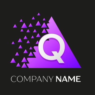 Gerçekçi harf Q vektör logo sembol siyah arka plan üzerine parçalanmış bloklarla renkli üçgen içinde. Tasarımınız için vektör şablonu
