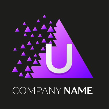 Gerçekçi harf U vektör logo sembol siyah arka plan üzerine parçalanmış bloklarla renkli üçgen içinde. Tasarımınız için vektör şablonu