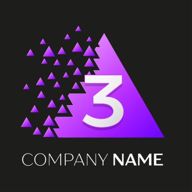 Gerçekçi üç numaralı vektör logo sembol siyah arka plan üzerine parçalanmış bloklarla renkli üçgen içinde. Piksel hareket. Tasarımınız için vektör şablonu
