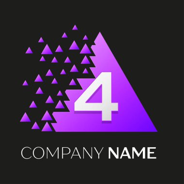 Gerçekçi dördüncü vektör logo sembol siyah arka plan üzerine parçalanmış bloklarla renkli üçgen içinde. Piksel hareket. Tasarımınız için vektör şablonu