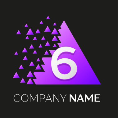 Gerçekçi altıncı vektör logo sembol siyah arka plan üzerine parçalanmış bloklarla renkli üçgen içinde. Piksel hareket. Tasarımınız için vektör şablonu