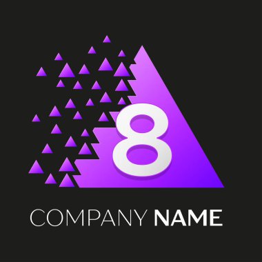 Gerçekçi sayısı sekiz vektör logo sembol siyah arka plan üzerine parçalanmış bloklarla renkli üçgen içinde. Piksel hareket. Tasarımınız için vektör şablonu