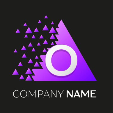 Gerçekçi harf O vektör logo sembol siyah arka plan üzerine parçalanmış bloklarla renkli üçgen içinde. Tasarımınız için vektör şablonu