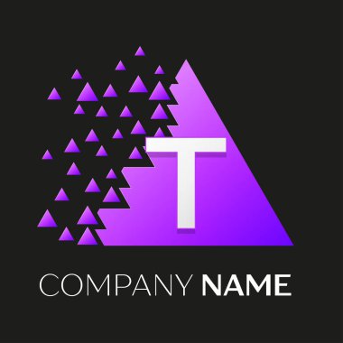Gerçekçi mektup T vektör logo sembol siyah arka plan üzerine parçalanmış bloklarla renkli üçgen içinde. Tasarımınız için vektör şablonu