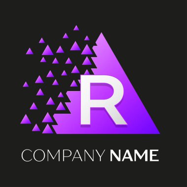 Gerçekçi harf R vektör logo sembol siyah arka plan üzerine parçalanmış bloklarla renkli üçgen içinde. Tasarımınız için vektör şablonu