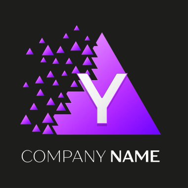 Gerçekçi harf Y vektör logo sembol siyah arka plan üzerine parçalanmış bloklarla renkli üçgen içinde. Tasarımınız için vektör şablonu