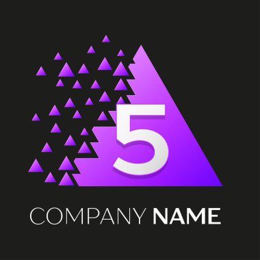 Gerçekçi beş numaralı vektör logo sembol siyah arka plan üzerine parçalanmış bloklarla renkli üçgen içinde. Piksel hareket. Tasarımınız için vektör şablonu