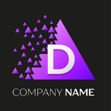 Gerçekçi harf D vektör logo sembol siyah arka plan üzerine parçalanmış bloklarla renkli üçgen içinde. Tasarımınız için vektör şablonu