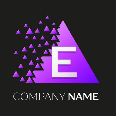 Gerçekçi harf E vektör logo sembol siyah arka plan üzerine parçalanmış bloklarla renkli üçgen içinde. Tasarımınız için vektör şablonu