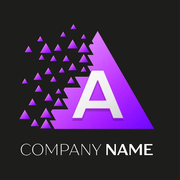 Realistic letter A vector logo symbol in the colorful triangle with shattered blocks on black background. Vector template for your design — Stock Vector