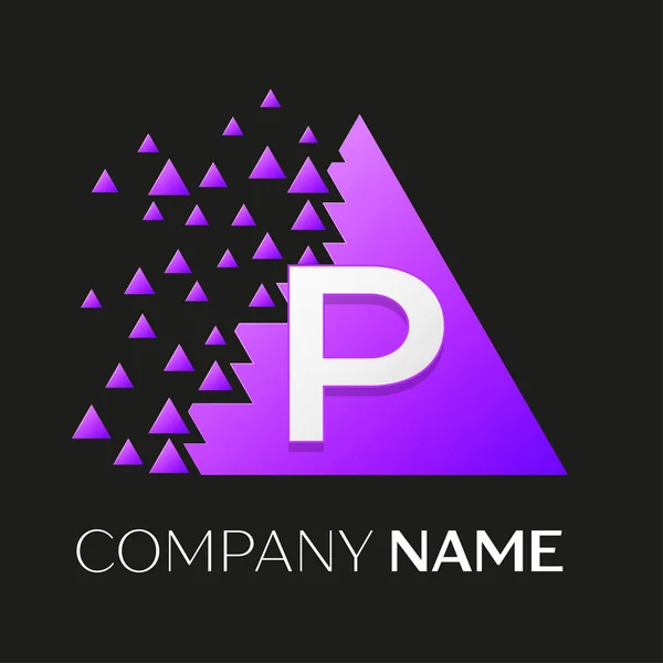 Realistic letter P vector logo symbol in the colorful triangle with shattered blocks on black background. Vector template for your design — Stock Vector
